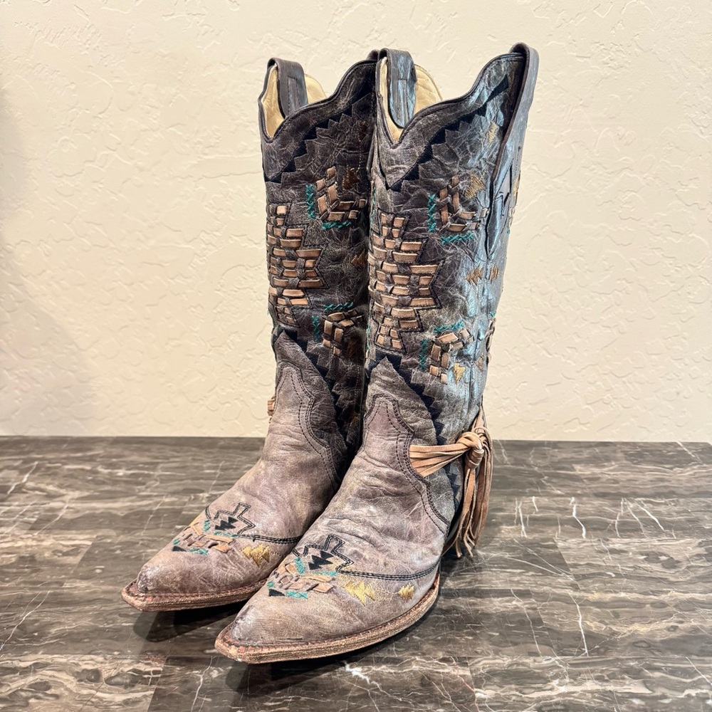 Corral Embroidered Woven Tassel Fringe Leather Cowboy Boots